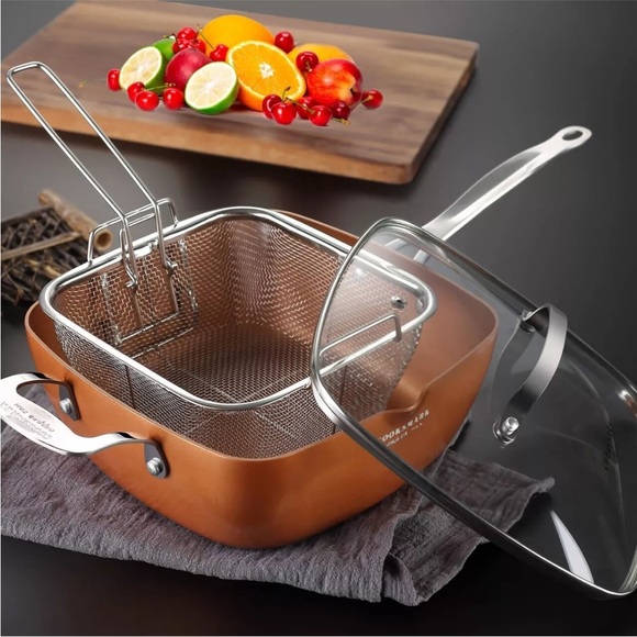 LOVE PAN 9.5 Inch Copper Nonstick Square Deep Fry Pan with Chip Frying Basket... - Picture 6 of 8